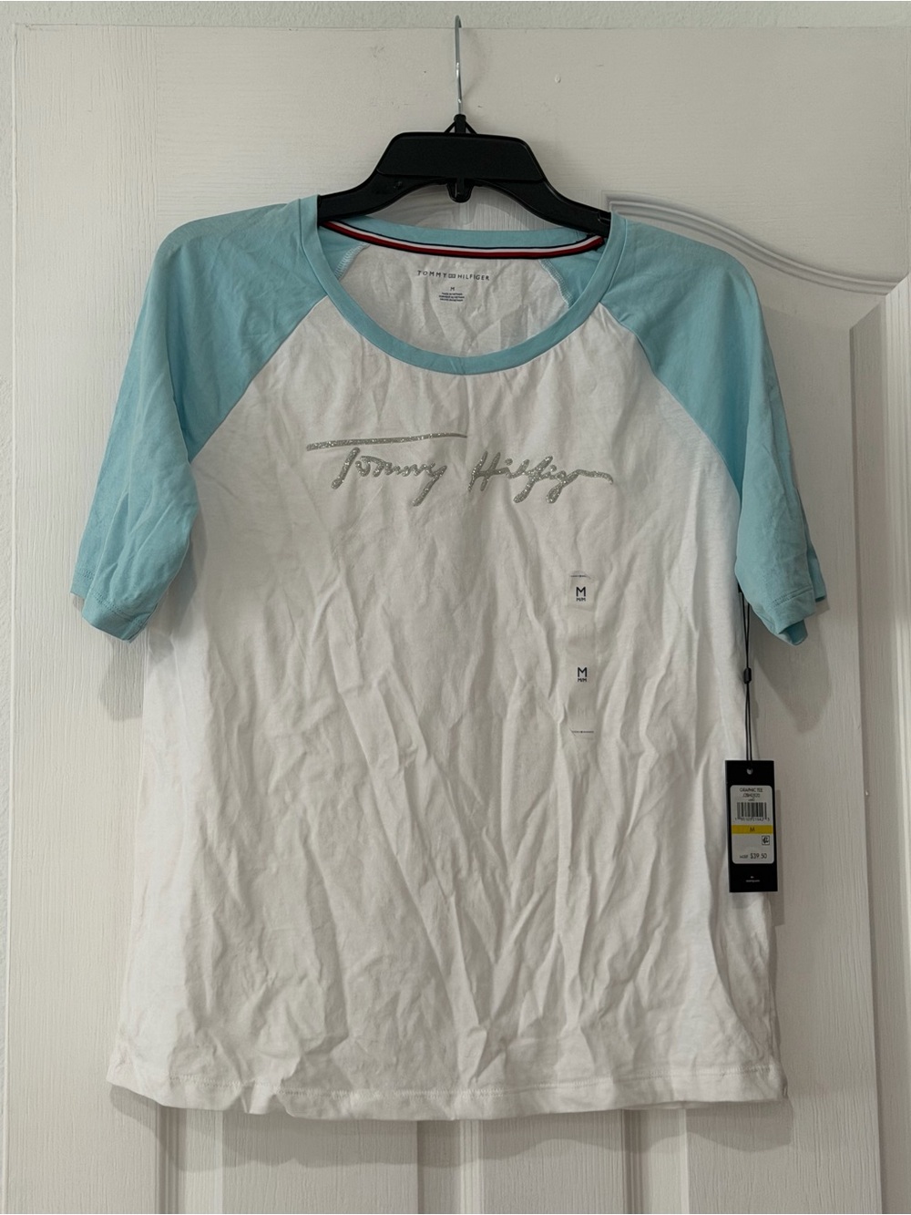 Tommy Hilfiger Women’s Graphic Raglan Tee Size M NWT White Blue Glitter Logo